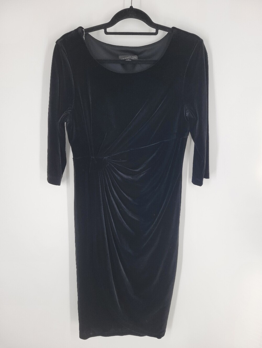 Connected Apparel Black Velvet Midi Dress with Gathered Side Detail Size 12